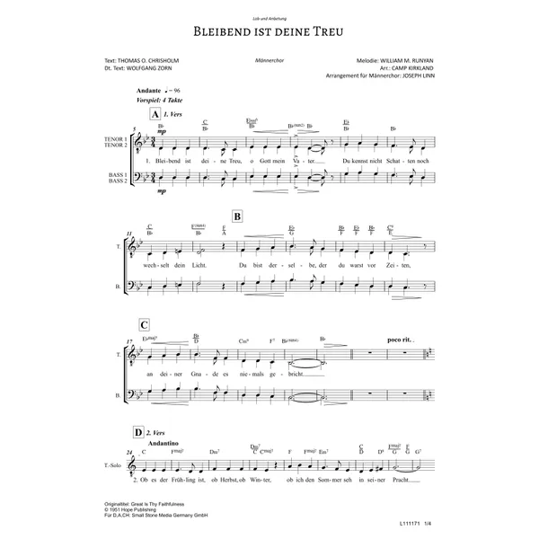 Produktbild des Artikels Bleibend ist deine Treu (Noten - Download)
