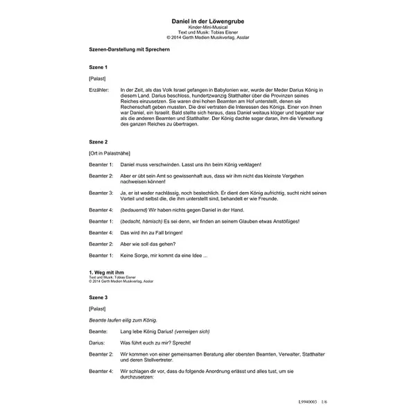 Produktbild des Artikels Daniel in der Löwengrube (Szenentexte) (Noten - Download)