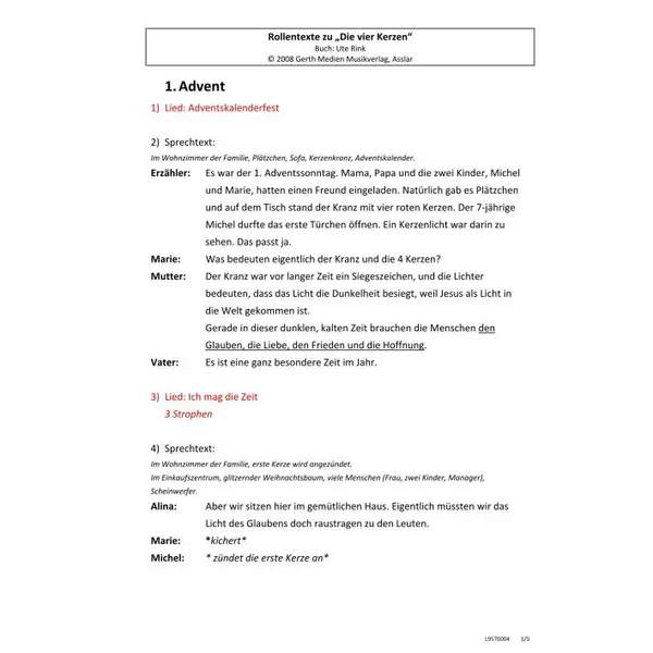 Produktbild des Artikels Die vier Kerzen (Rollentexte) (Noten - Download)