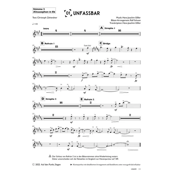 Produktbild des Artikels Unfassbar (Altsaxophon in Eb) (Noten - Download)