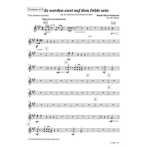 Produktbild des Artikels Es werden zwei auf dem Felde sein (Trompete in B) (Noten - Download)