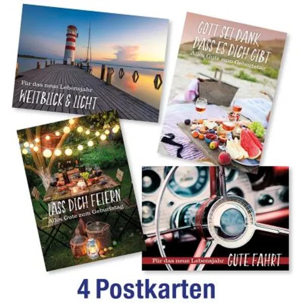 Produktbild des Artikels Postkartenserie: Geburtstag - gemischte Mottomotive 4 Stk. (Schreibwaren)