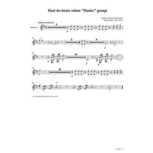 Produktbild des Artikels Hast du heute schon danke gesagt (Horn in F) (Noten - Download)