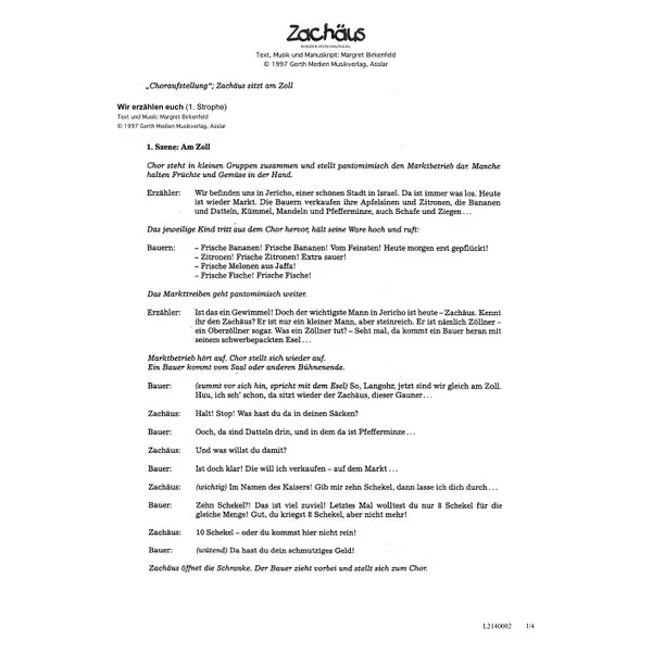 Produktbild des Artikels Zachäus (Szenentexte) (Noten - Download)