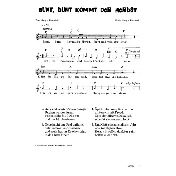 Produktbild des Artikels Bunt, bunt kommt der Herbst (Noten - Download)