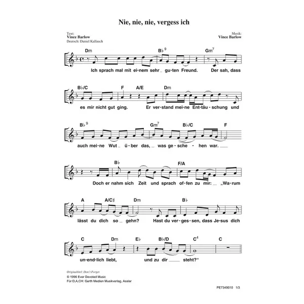 Produktbild des Artikels Nie, nie, nie, vergess ich (Noten - Download)