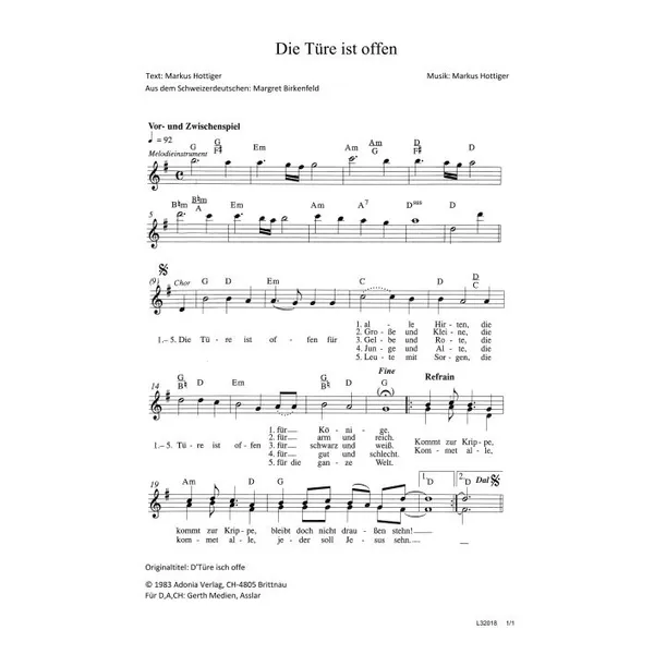 Produktbild des Artikels Die Türe ist offen (Noten - Download)