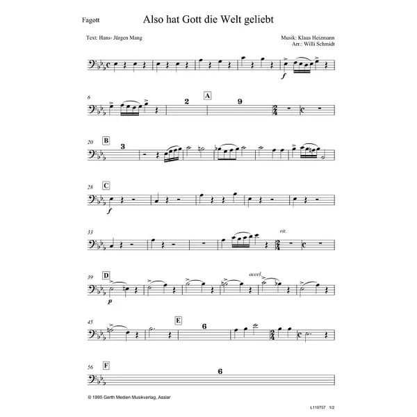 Produktbild des Artikels Also hat Gott die Welt geliebt (Fagott) (Noten - Download)