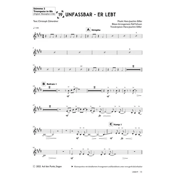 Produktbild des Artikels Unfassbar - Er lebt (2. Trompete in Bb) (Noten - Download)
