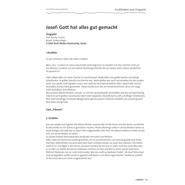 Produktbild des Artikels Josef - Gott hat alles gut gemacht (Erzählertext) (Noten - Download)