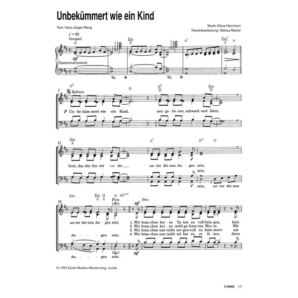 Produktbild des Artikels Unbekümmert wie ein Kind (Noten - Download)