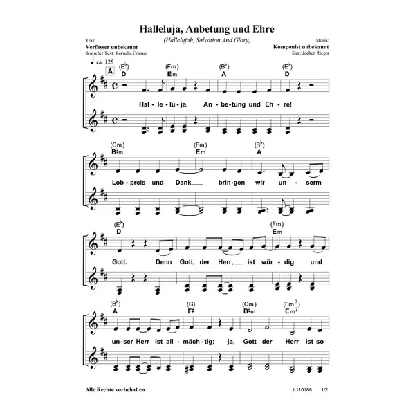 Produktbild des Artikels Halleluja, Anbetung und Ehre (Noten - Download)