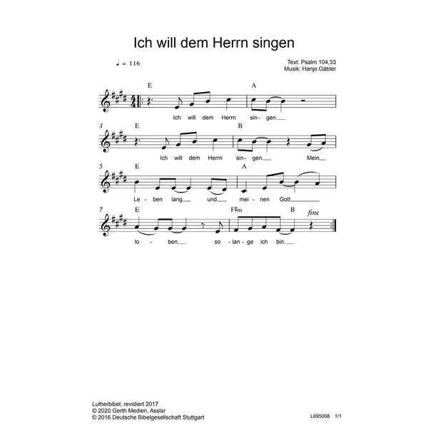 Produktbild des Artikels Ich will dem Herrn singen (Noten - Download)