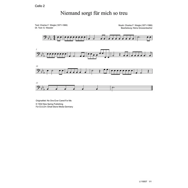 Produktbild des Artikels Niemand sorgt für mich so treu (Cello 2) (Noten - Download)