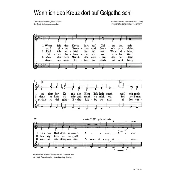Produktbild des Artikels Wenn ich das Kreuz dort auf Golgatha seh (Noten - Download)