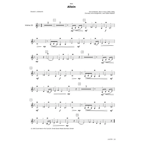 Produktbild des Artikels Allein (Violine 3) (Noten - Download)