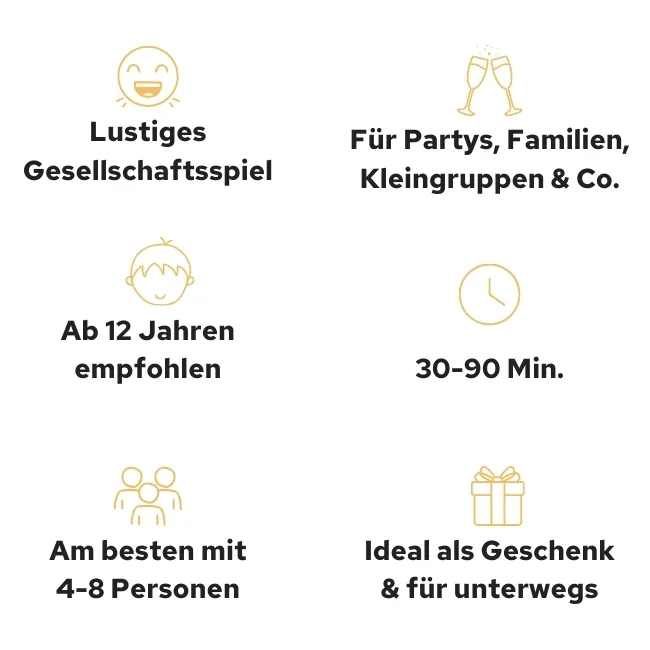 Für Partys, Familien und Kleingruppen. Am besten 4-8 Personen. Empfohlen ab 12 Jahren. Spieldauer ca. 30-90 Minuten.