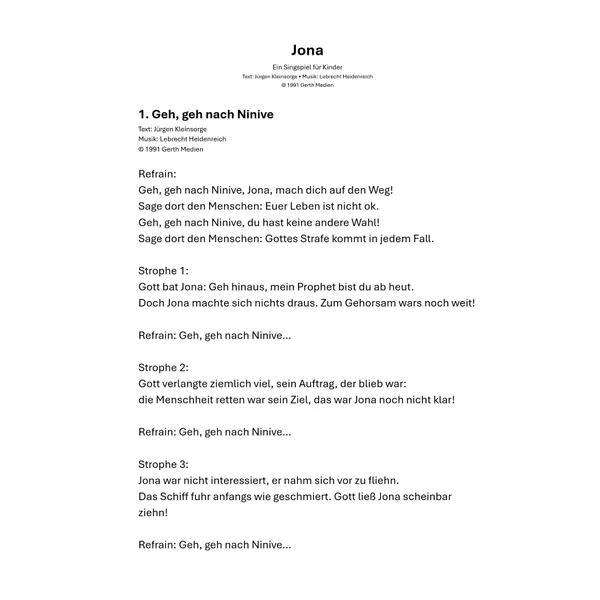 Produktbild des Artikels Jona - Singspiel für Kinder (Liedtexte) (Noten - Download)