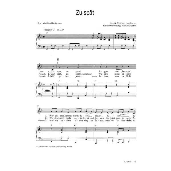 Produktbild des Artikels Zu spät (Noten - Download)