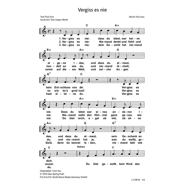 Produktbild des Artikels Vergiss es nie (Noten - Download)