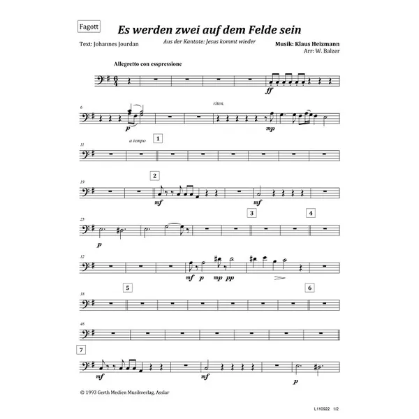 Produktbild des Artikels Es werden zwei auf dem Felde sein (Fagott) (Noten - Download)