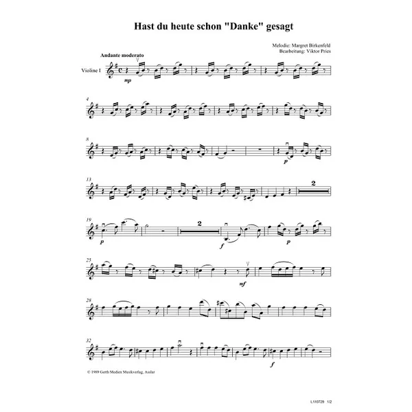 Produktbild des Artikels Hast du heute schon danke gesagt (Violine 1) (Noten - Download)