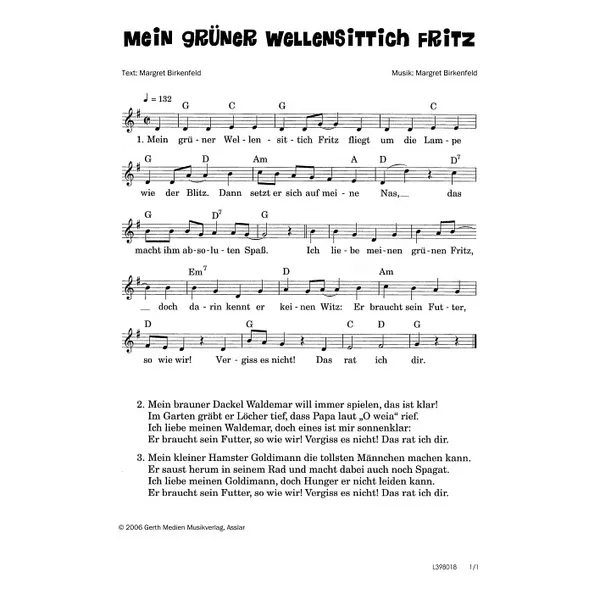 Produktbild des Artikels Mein grüner Wellensittich Fritz (Noten - Download)