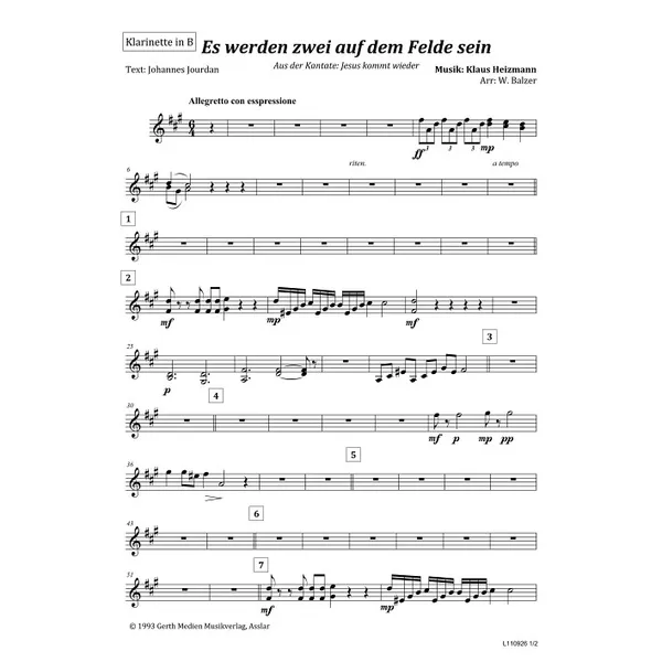 Produktbild des Artikels Es werden zwei auf dem Felde sein (Klarinette in B) (Noten - Download)