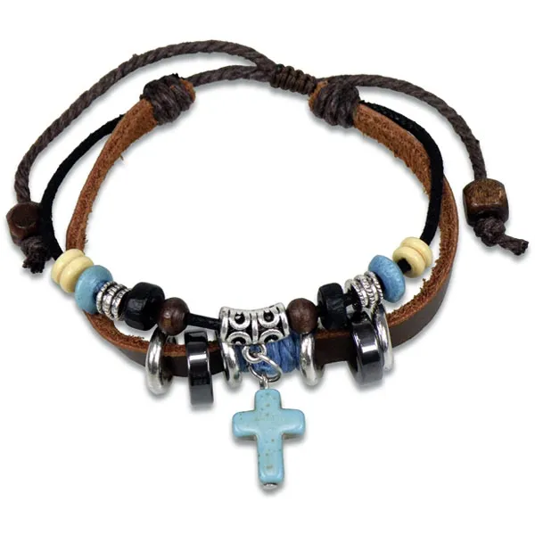 Produktbild des Artikels Lederarmband Kreuz/Perlen- türkis/braun ()