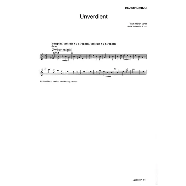 Produktbild des Artikels Unverdient (Blockflöte / Oboe) (Noten - Download)