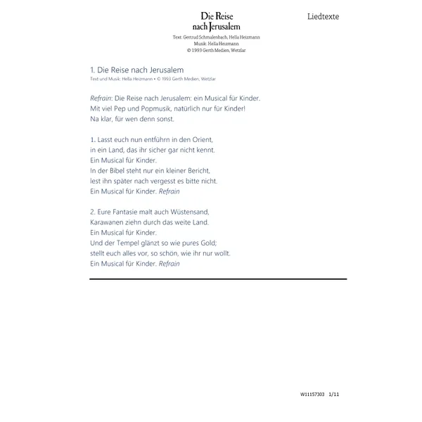 Produktbild des Artikels Die Reise nach Jerusalem (Liedtexte) (Noten - Download)