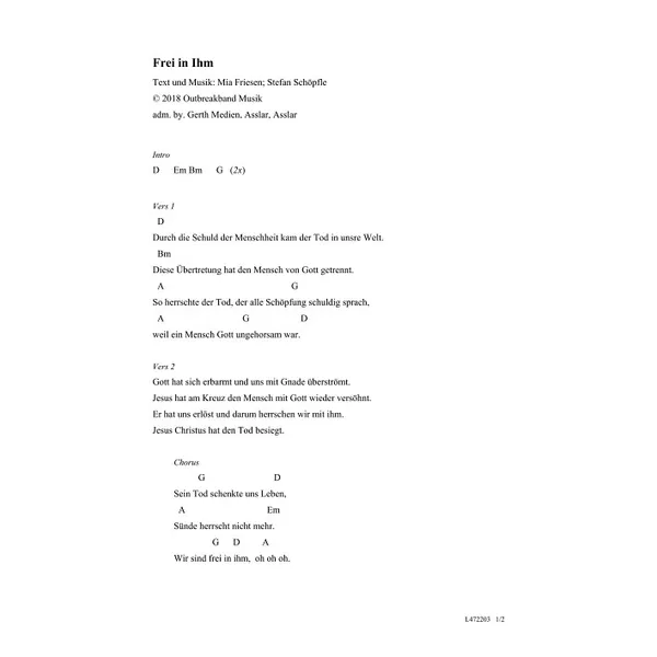 Produktbild des Artikels Frei in ihm (Noten - Download)