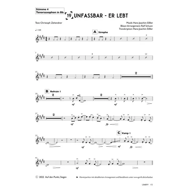 Produktbild des Artikels Unfassbar - Er lebt (Tenorsaxophon in Bb) (Noten - Download)