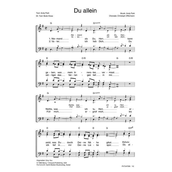 Produktbild des Artikels Du allein (Noten - Download)